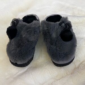 Gray Faux Fur Slippers with Pom Poms